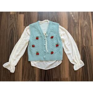Mint Green Cherry Knit Sweater Vest Cream Sheer Puff Sleeve Blouse Set Preppy